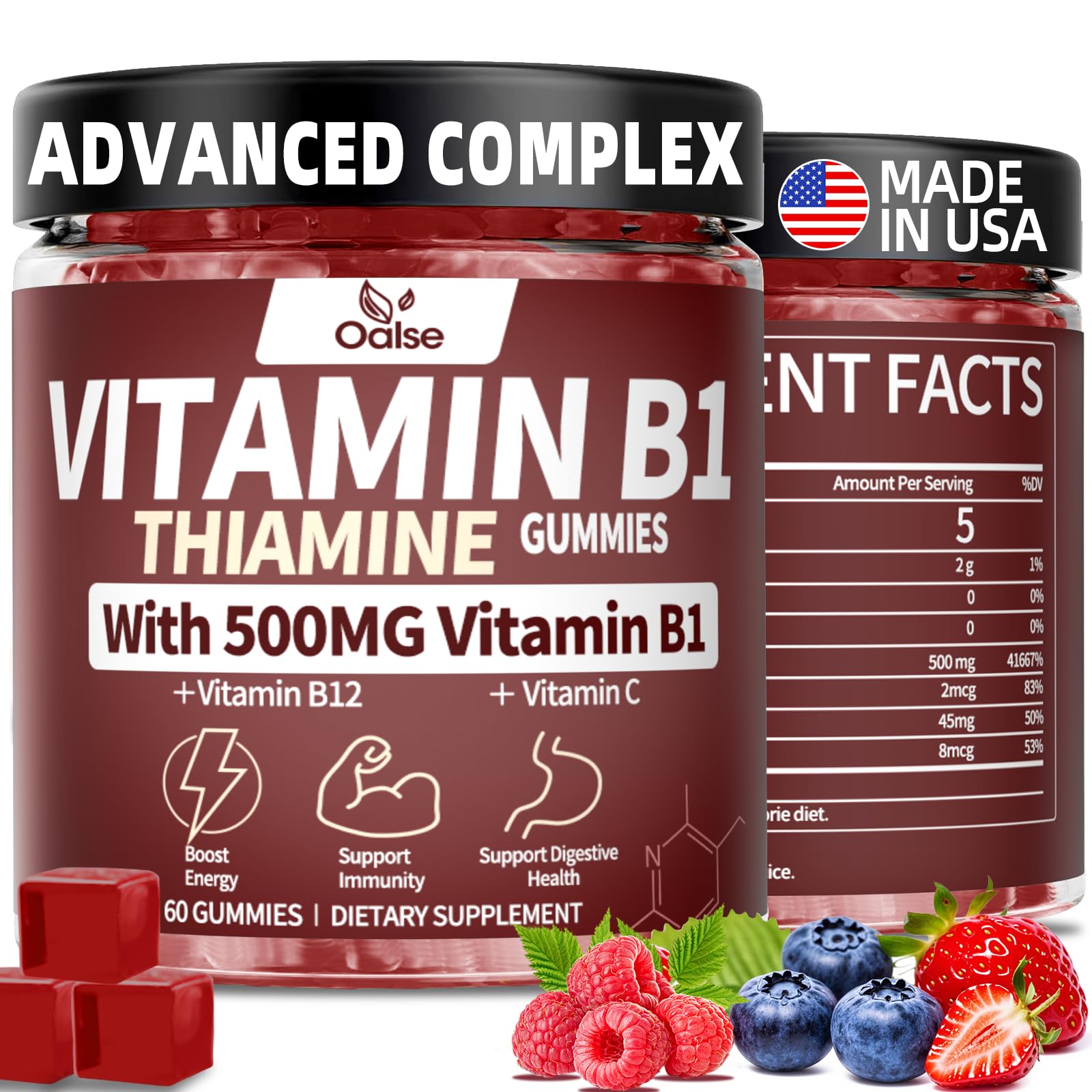 Front view of OALSE Thiamine Gummies 500g bottle