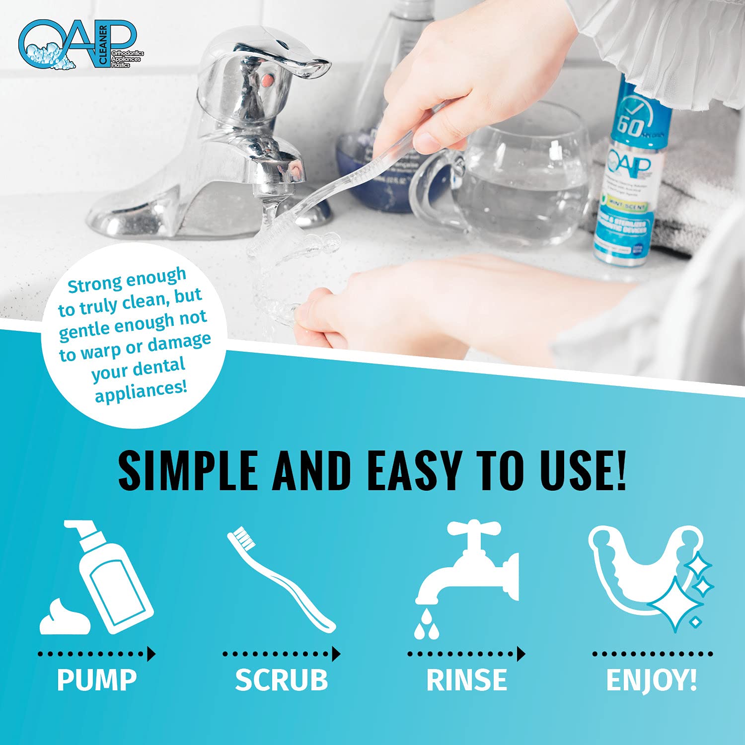 Retainer, dentures and mouth guard being cleaned with OAP Cleaner