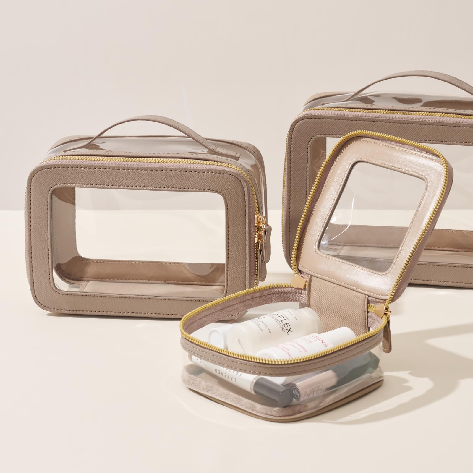 Oaque mini clear makeup bag with 5x5x2.4 inch dimensions for purse fit.