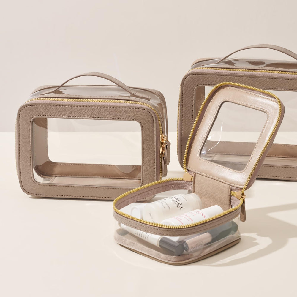 Oaque mini clear makeup bag with 5x5x2.4 inch dimensions for purse fit.