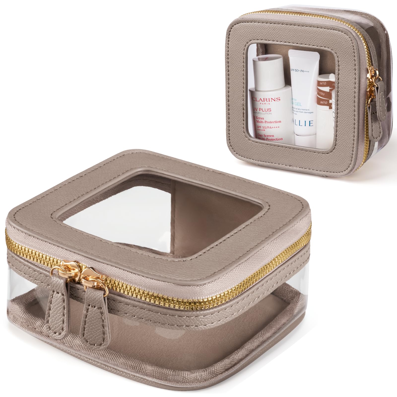 Oaque mini clear makeup bag front view showing compact purse-ready design.