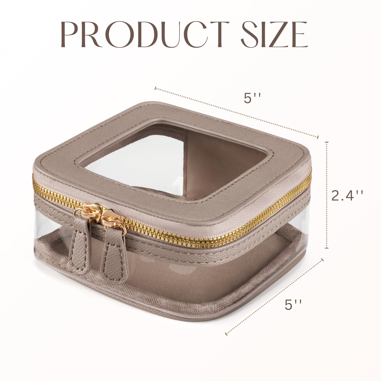 Oaque mini clear makeup bag zipper close-up highlighting secure closure.