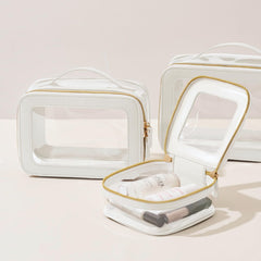 Oaque transparent makeup pouch with zipper enables quick viewing and secure storage.