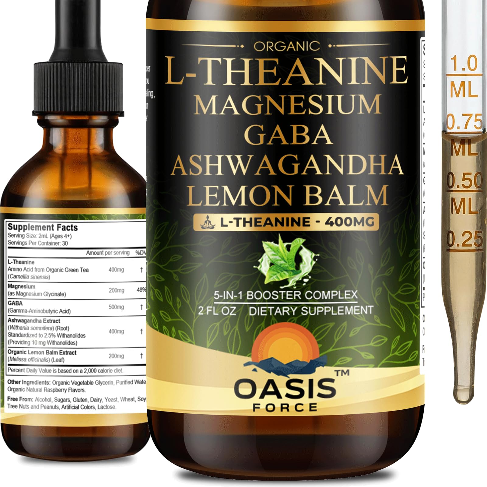 Bottle of Oasis Force L Theanine 400mg Liquid Drops