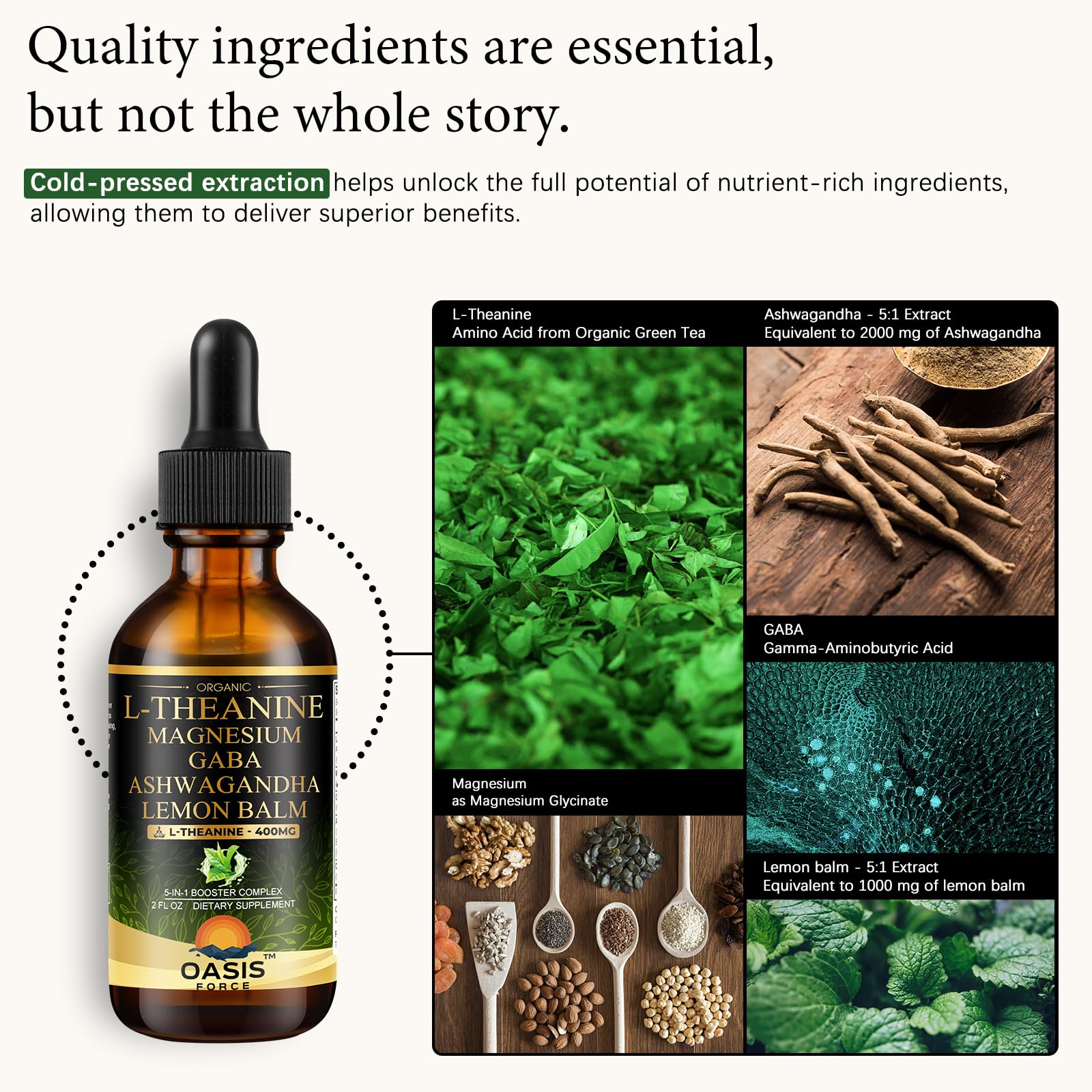 Label showing GABA, magnesium glycinate, ashwagandha in formula