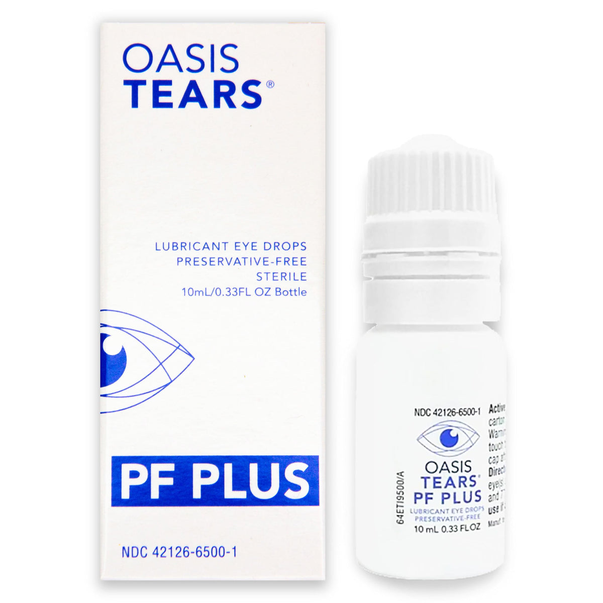 Oasis Tears OT6500 PF Plus bottle closeup highlighting preservative-free lubrication for dry eyes.