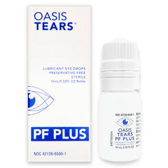 Oasis Tears OT6500 PF Plus bottle closeup highlighting preservative-free lubrication for dry eyes.