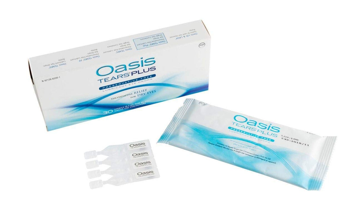 Oasis TEARS PLUS box shows 30 sterile containers for convenient daily use