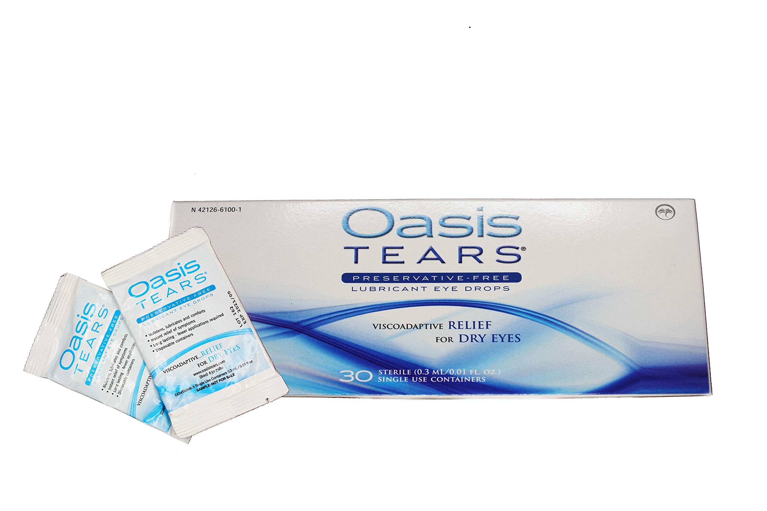 Oasis Tears preservative-free eye drops box and 40 vials for lasting dryness relief.
