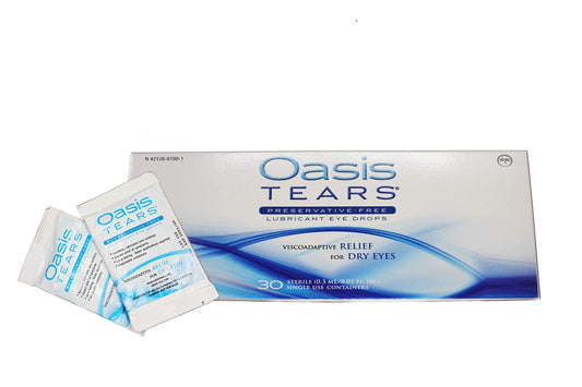 Oasis Tears preservative-free eye drops box and 40 vials for lasting dryness relief.