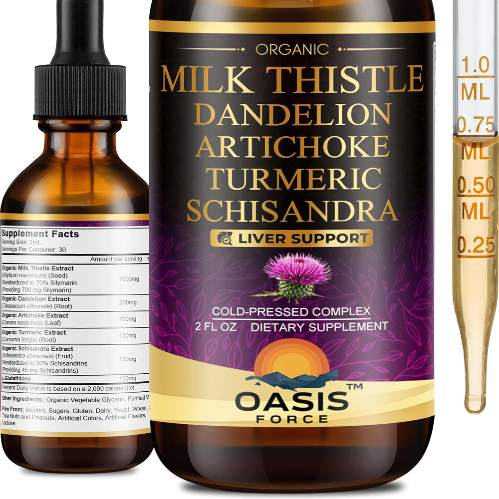 Bottle of Oasisforce Organic Milk Thistle Liquid with dropper