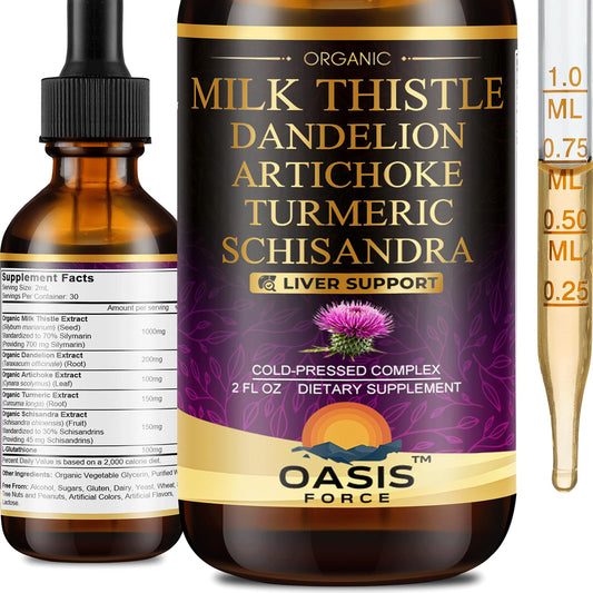 Bottle of Oasisforce Organic Milk Thistle Liquid with dropper