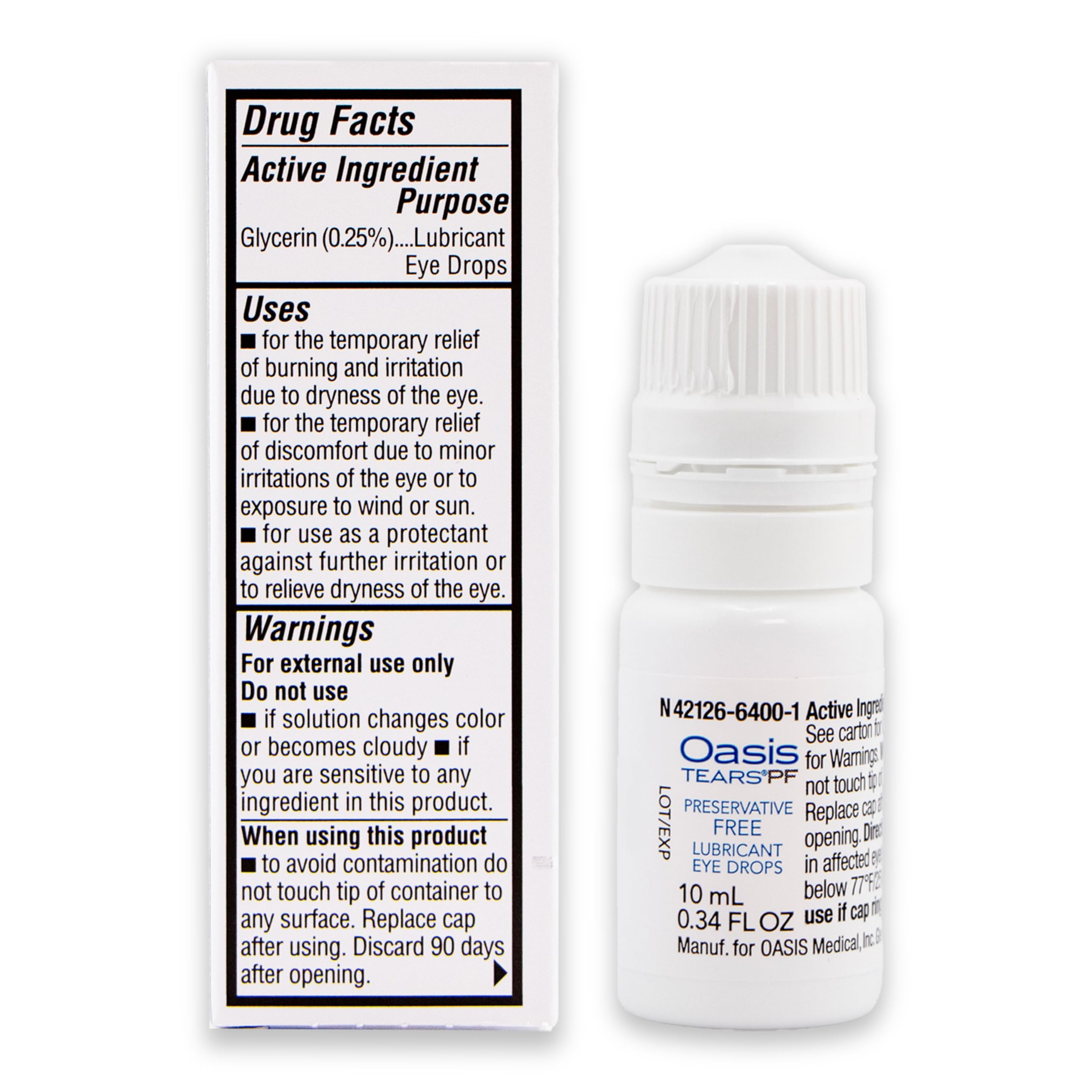 Oasis Tears OT6400 packaging box shows preservative-free formula and easy storage.