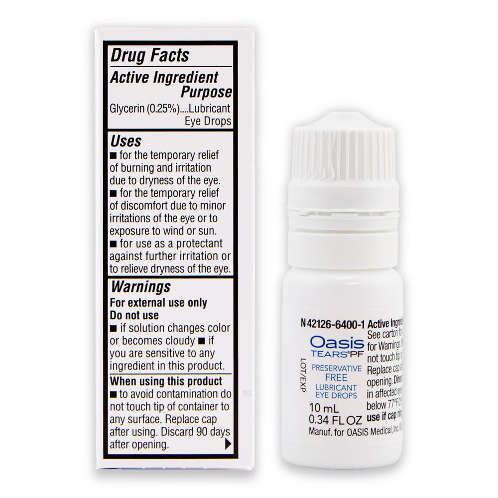 Oasis Tears OT6400 packaging box shows preservative-free formula and easy storage.