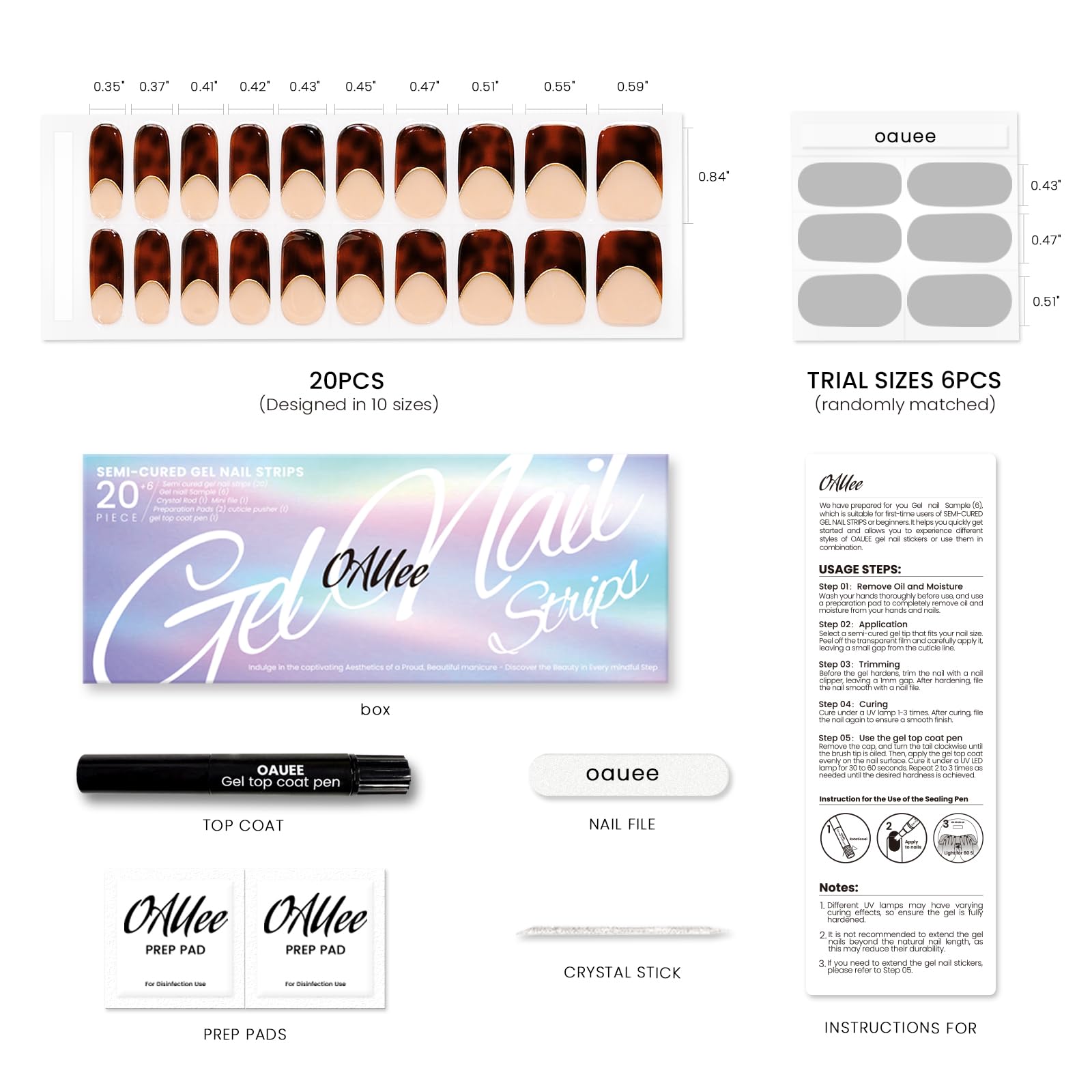 OAUEE box contents show nail stickers, pads, file, stick and gel top coat.