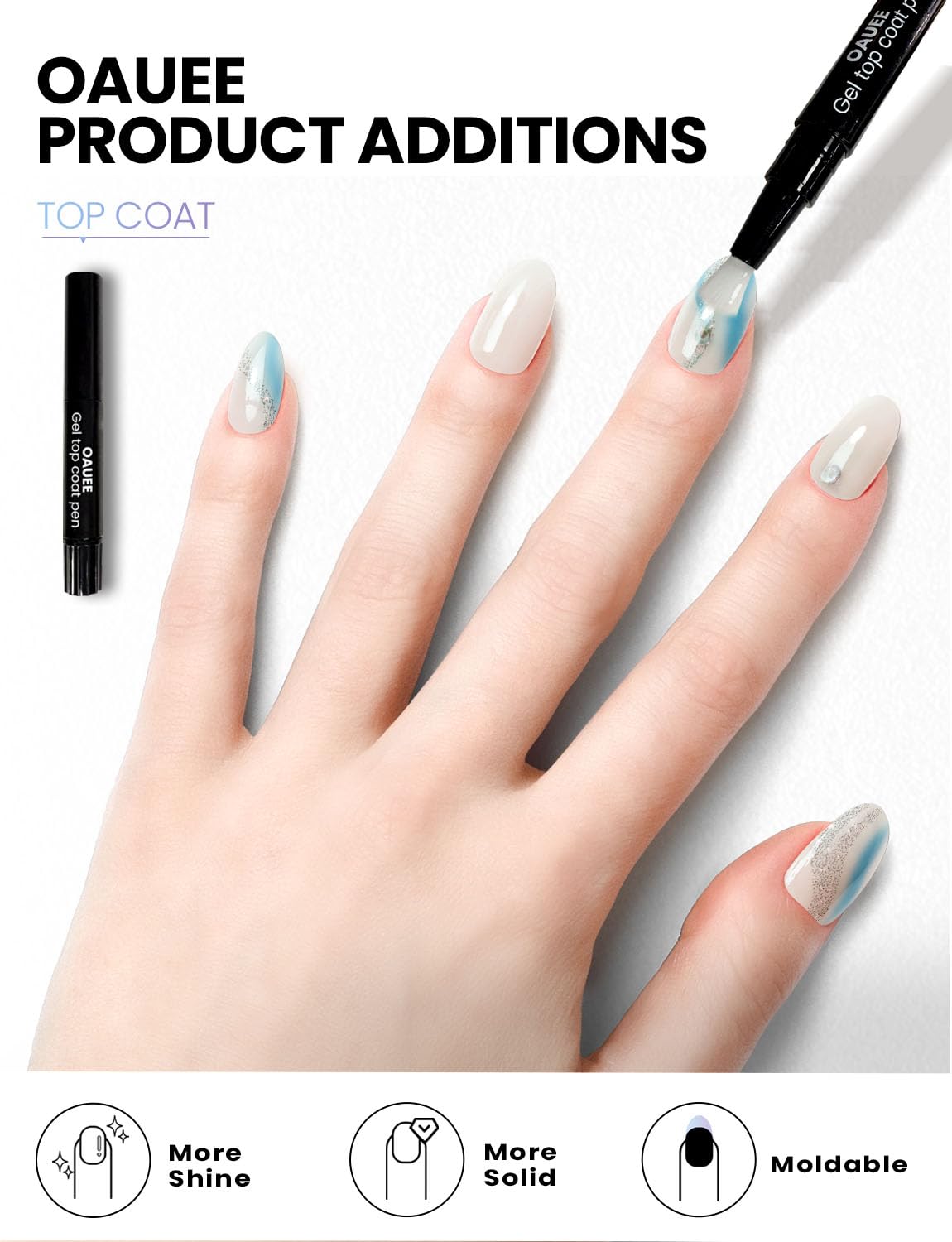 Oauee Ocean Breeze gel top coat application demonstrates semi-cured finish.