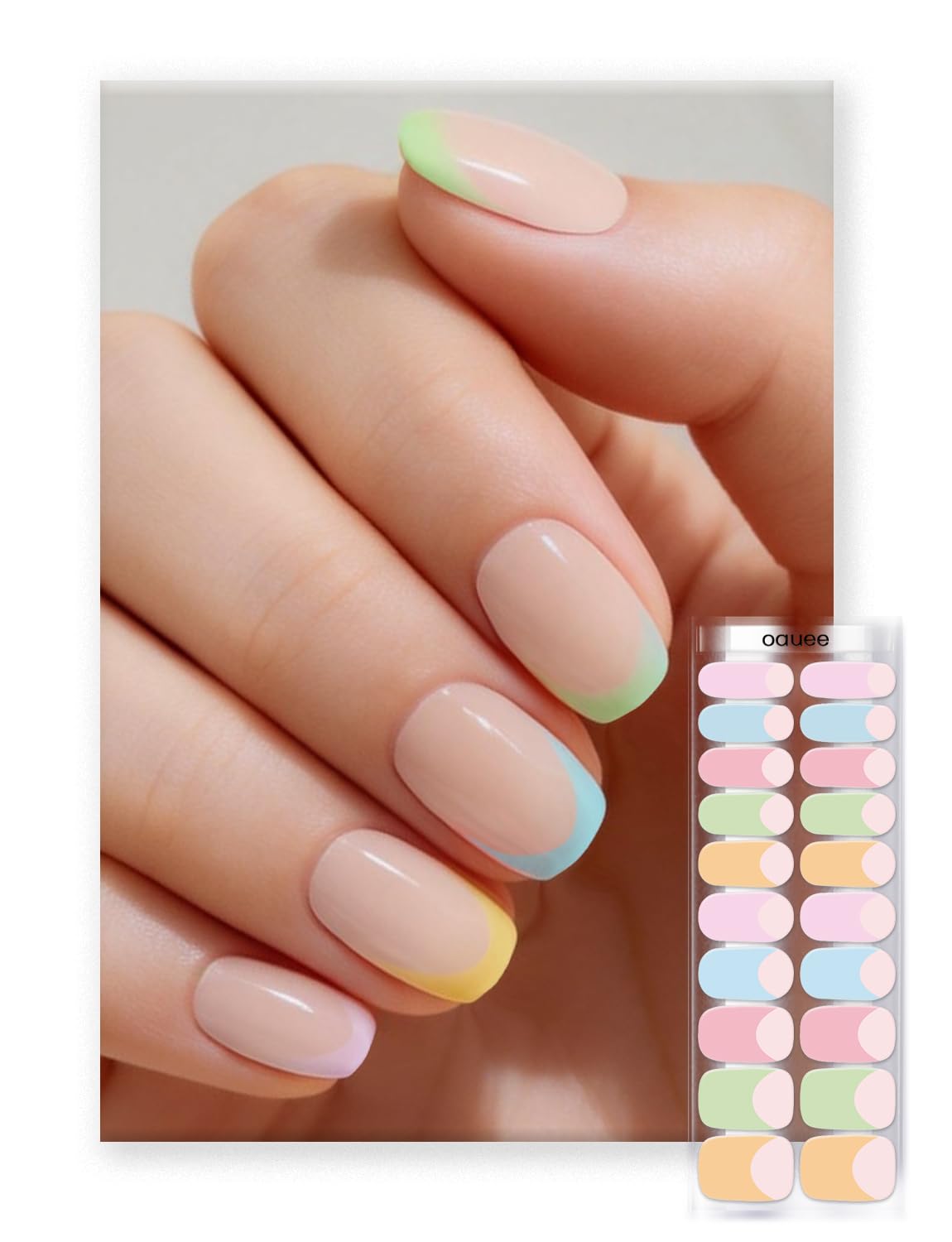 Oauee semi-cured gel nail strips in pastel rainbow design for salon-quality at-home manicure.