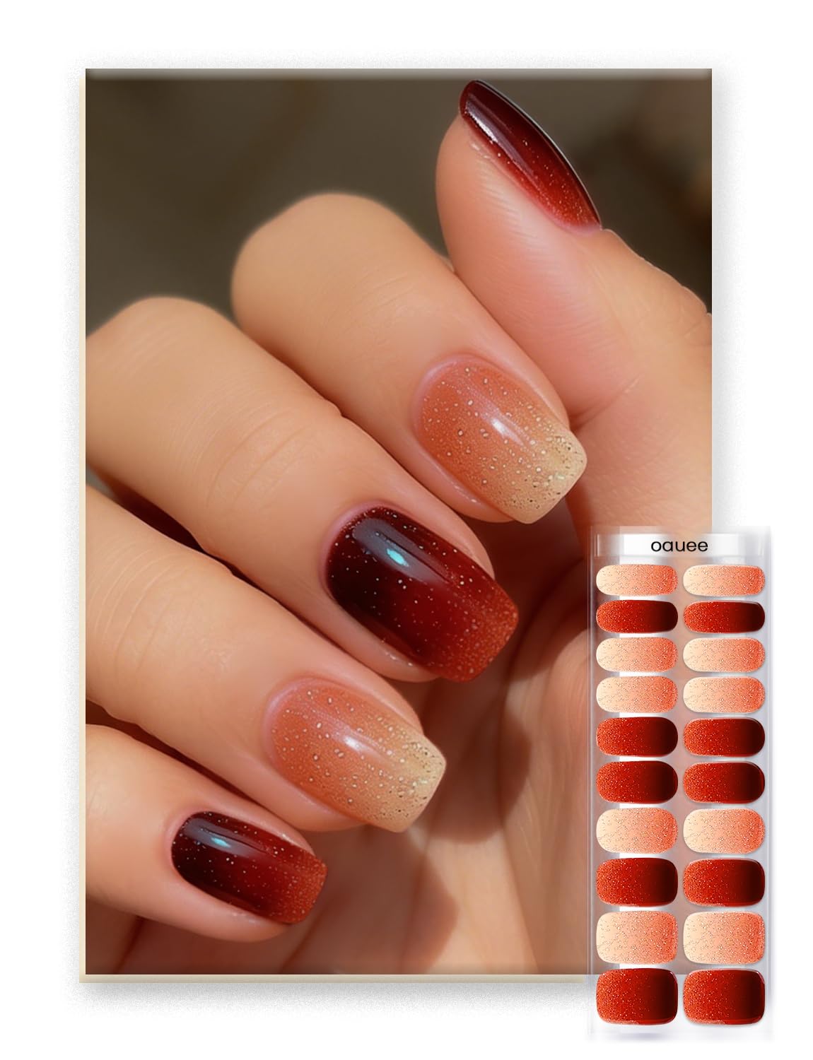 Oauee ruby glitter gradient gel nail strips for salon-like at-home manicure.