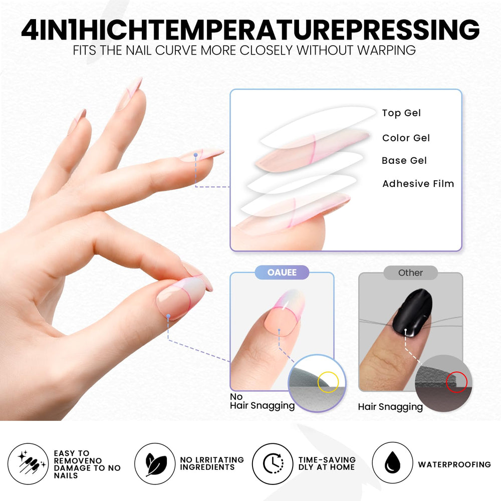 Oauee semi-cured gel nail strips with built-in top coat ready to set under UV light.