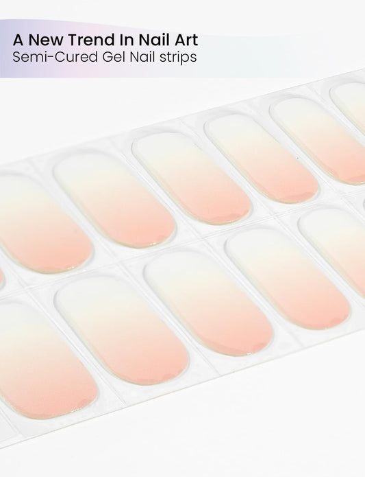 OAUEE Sunset Nectar nail strip being applied for a smooth, salon-like finish.
