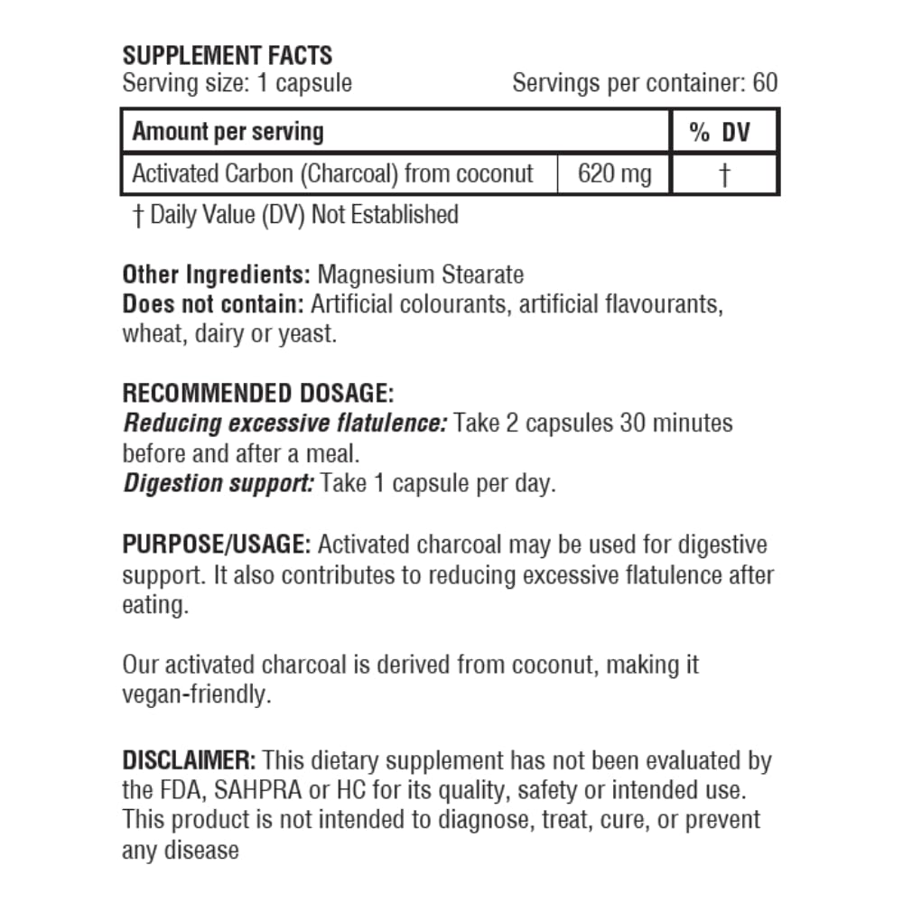 Coconut-derived activated charcoal capsules ingredients