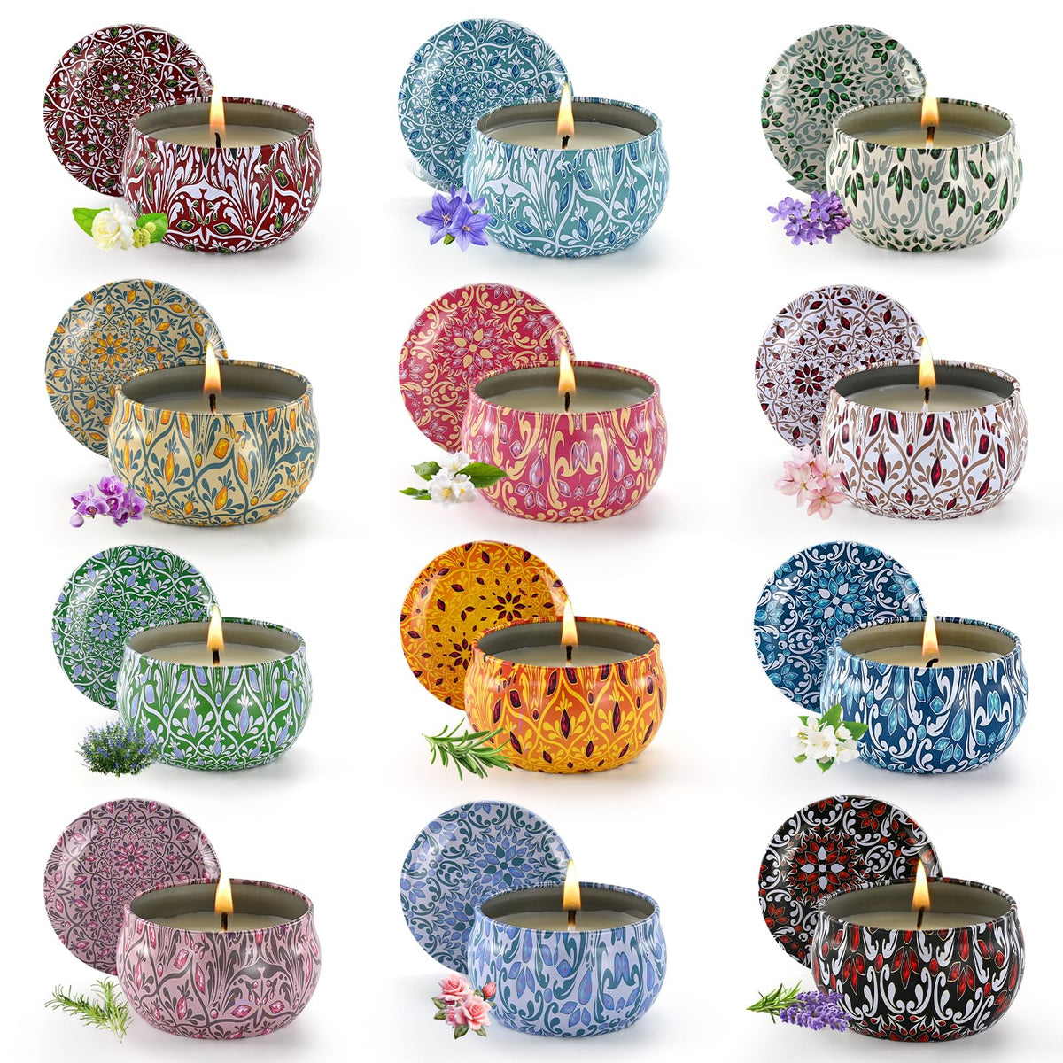 Front view of Obisesio 12-pack scented candles in tins