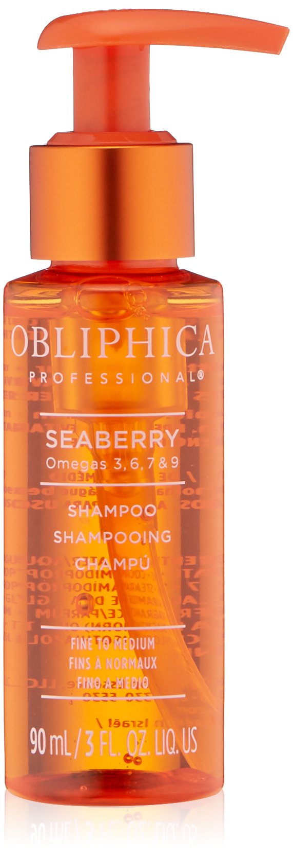 Obliphica Professional Seaberry Shampoo bottle pour nourishes and hydrates fine to medium hair