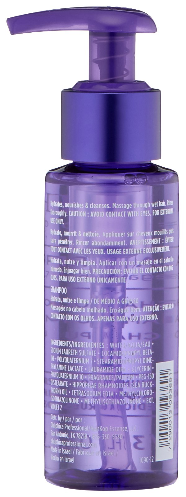 Obliphica Seaberry Shampoo bottle being poured, signaling easy application and cleansing