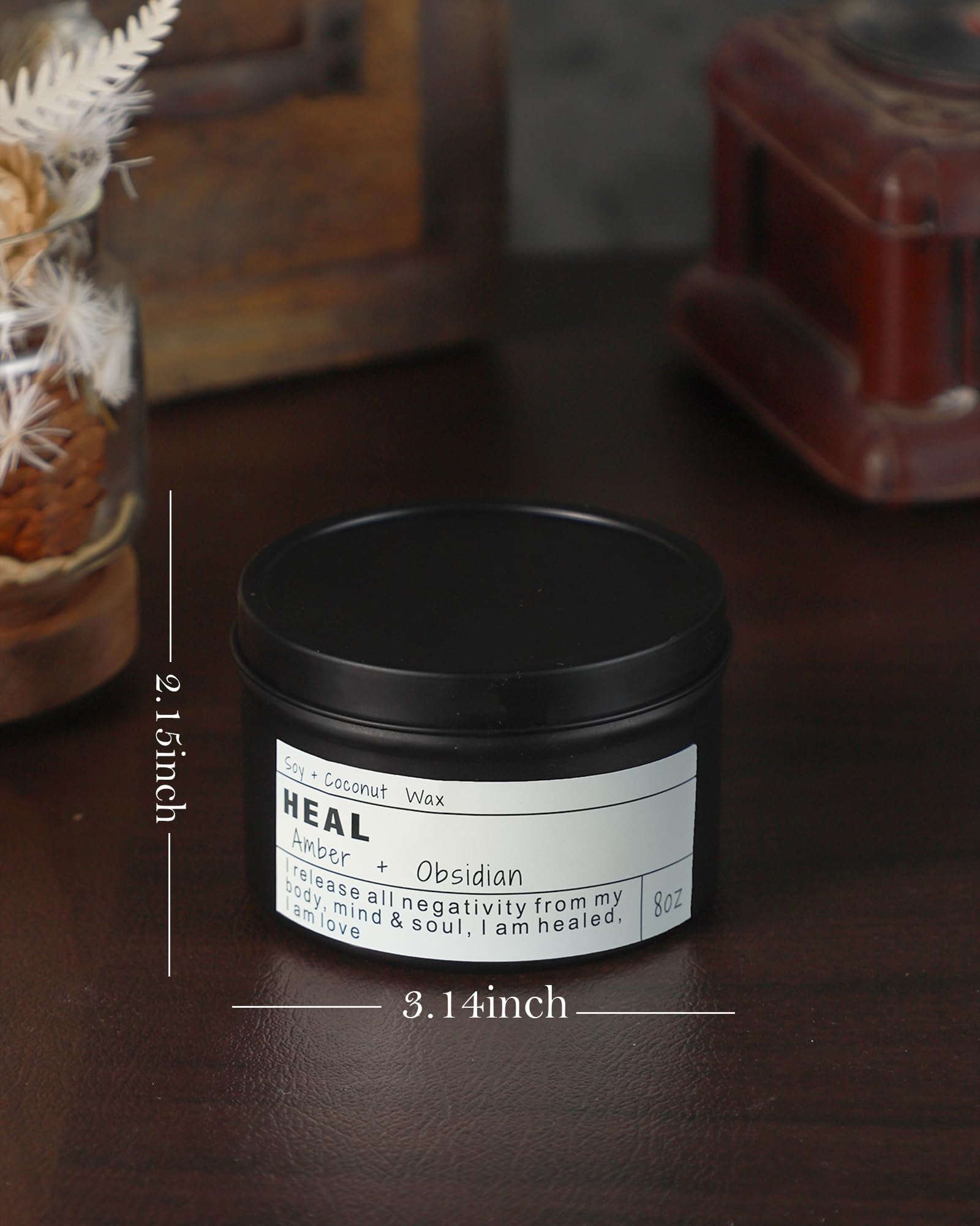 HEAL inscription and message on candle packaging