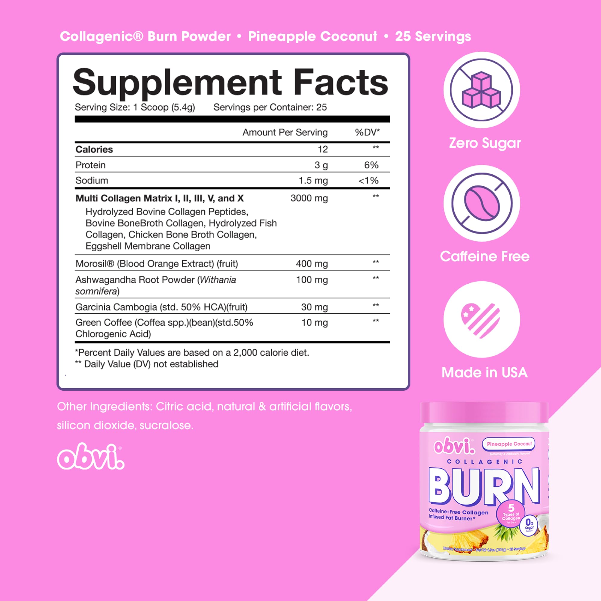 Back nutrition facts for Obvi Collagenic Burn Powder