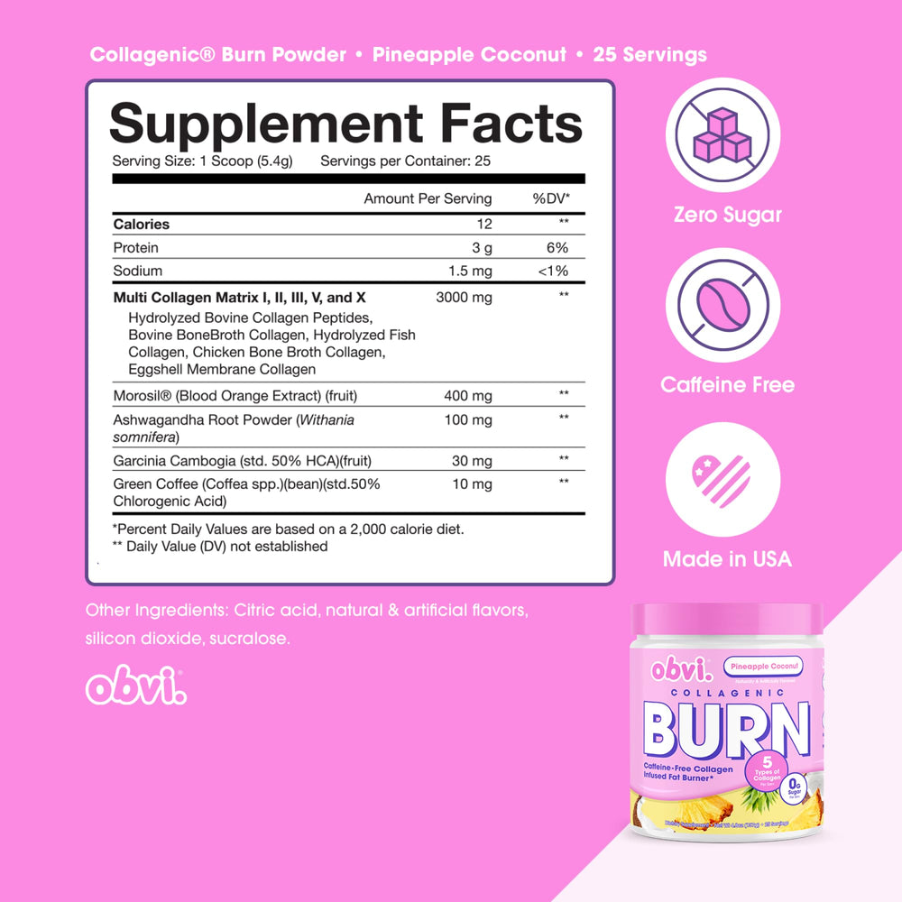 Back nutrition facts for Obvi Collagenic Burn Powder