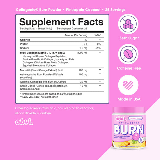 Back nutrition facts for Obvi Collagenic Burn Powder