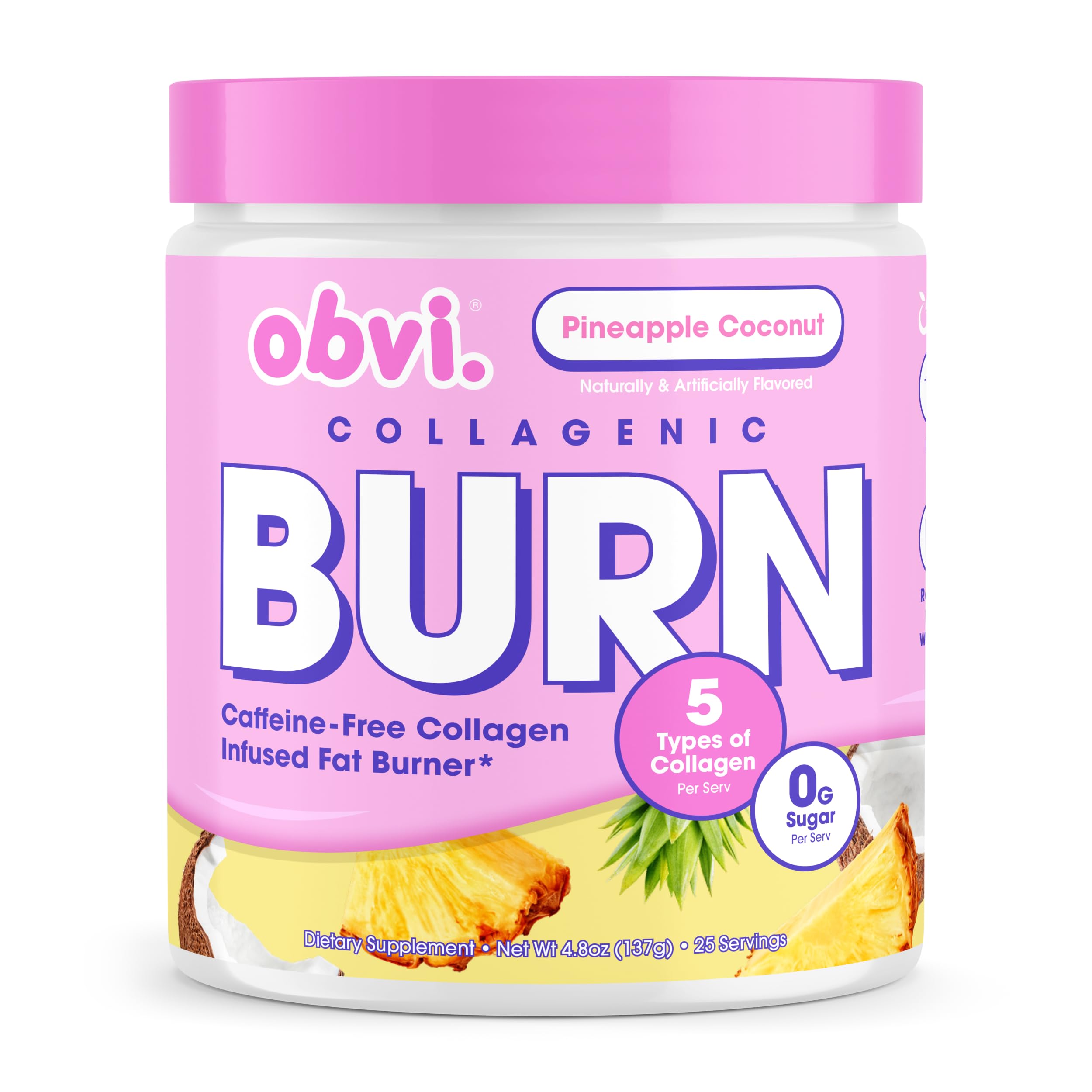 Front label of Obvi Collagenic Burn Powder pineapple coconut flavor