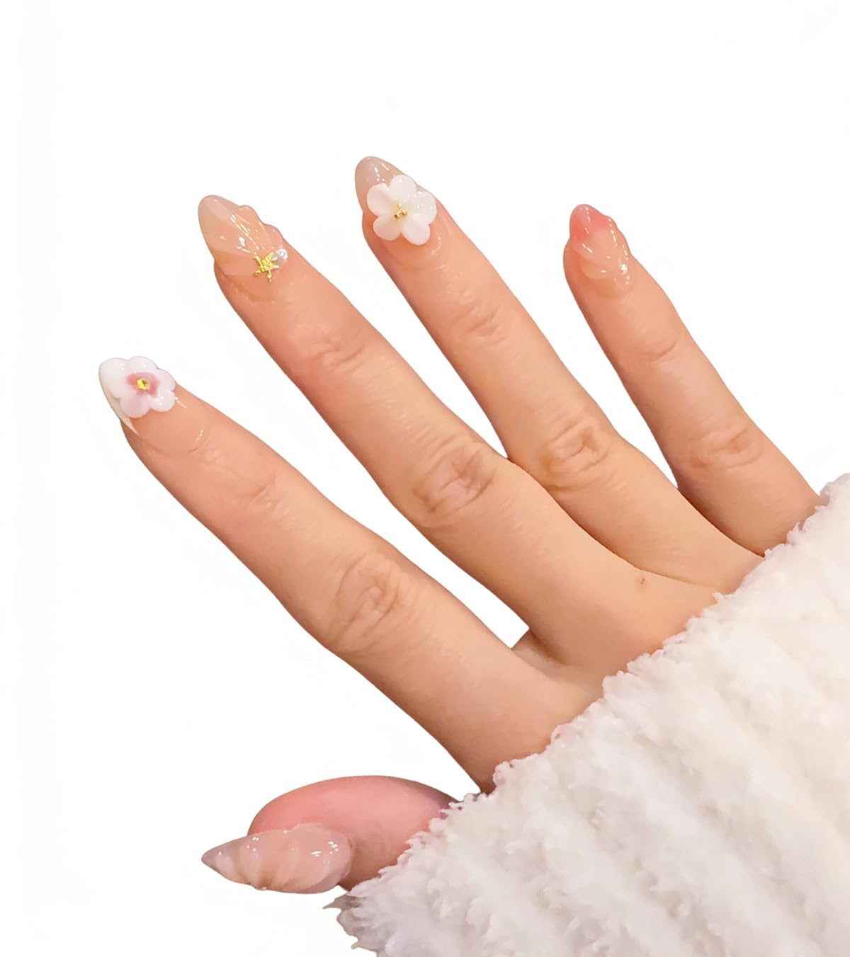 Ocean A04 nails feature 3D florals and starfish accents for coastal flair