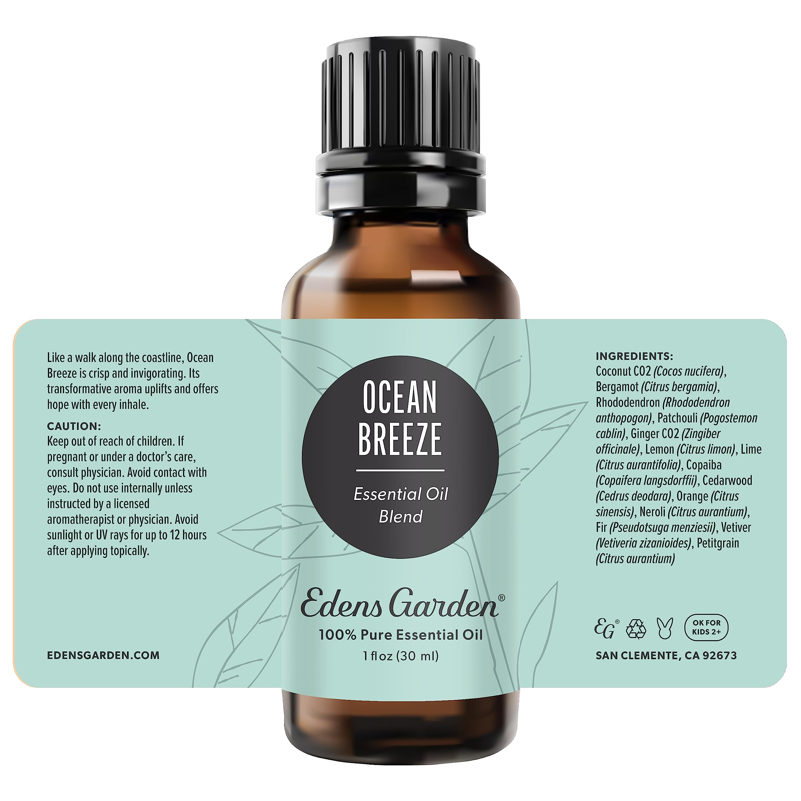 Flat lay of Ocean Breeze essential oil bottle