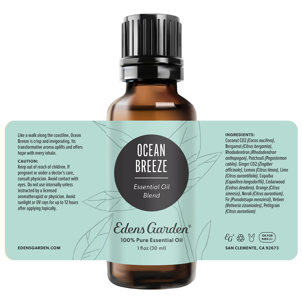 Flat lay of Ocean Breeze essential oil bottle