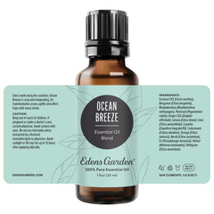 Flat lay of Ocean Breeze essential oil bottle