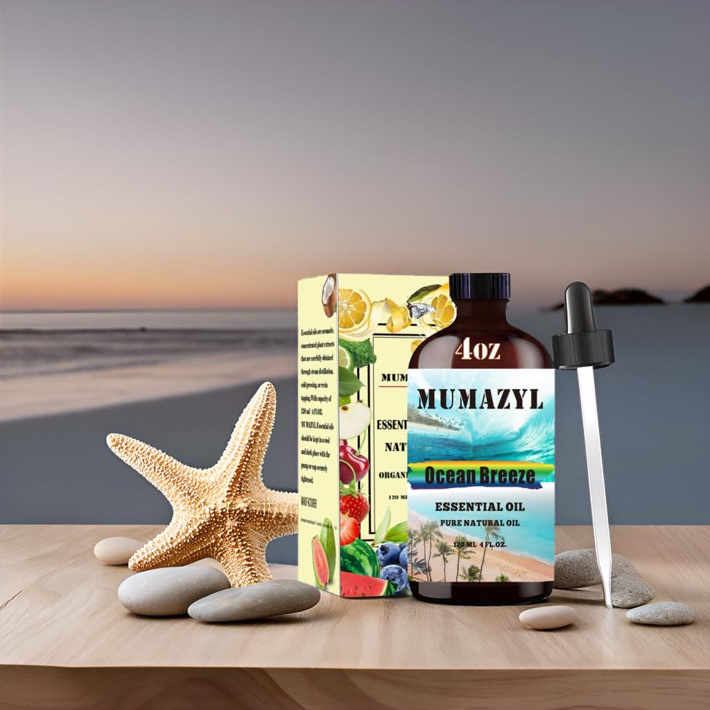 Close-up of Ocean Breeze essential oil bottle label