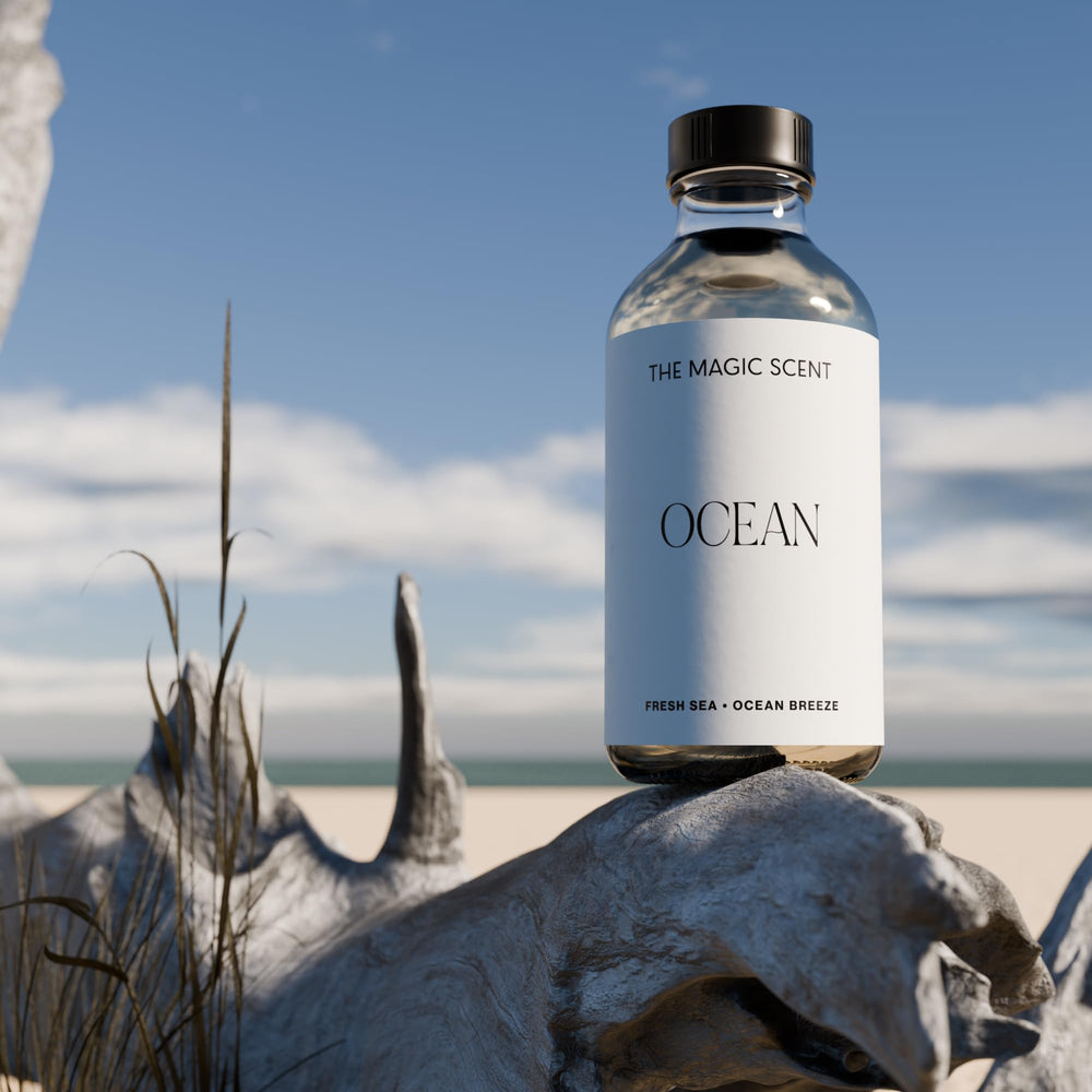 Base notes imagery for Ocean diffuser oil: Clove Wood, Jasmine, Vanilla, Sweet Melon