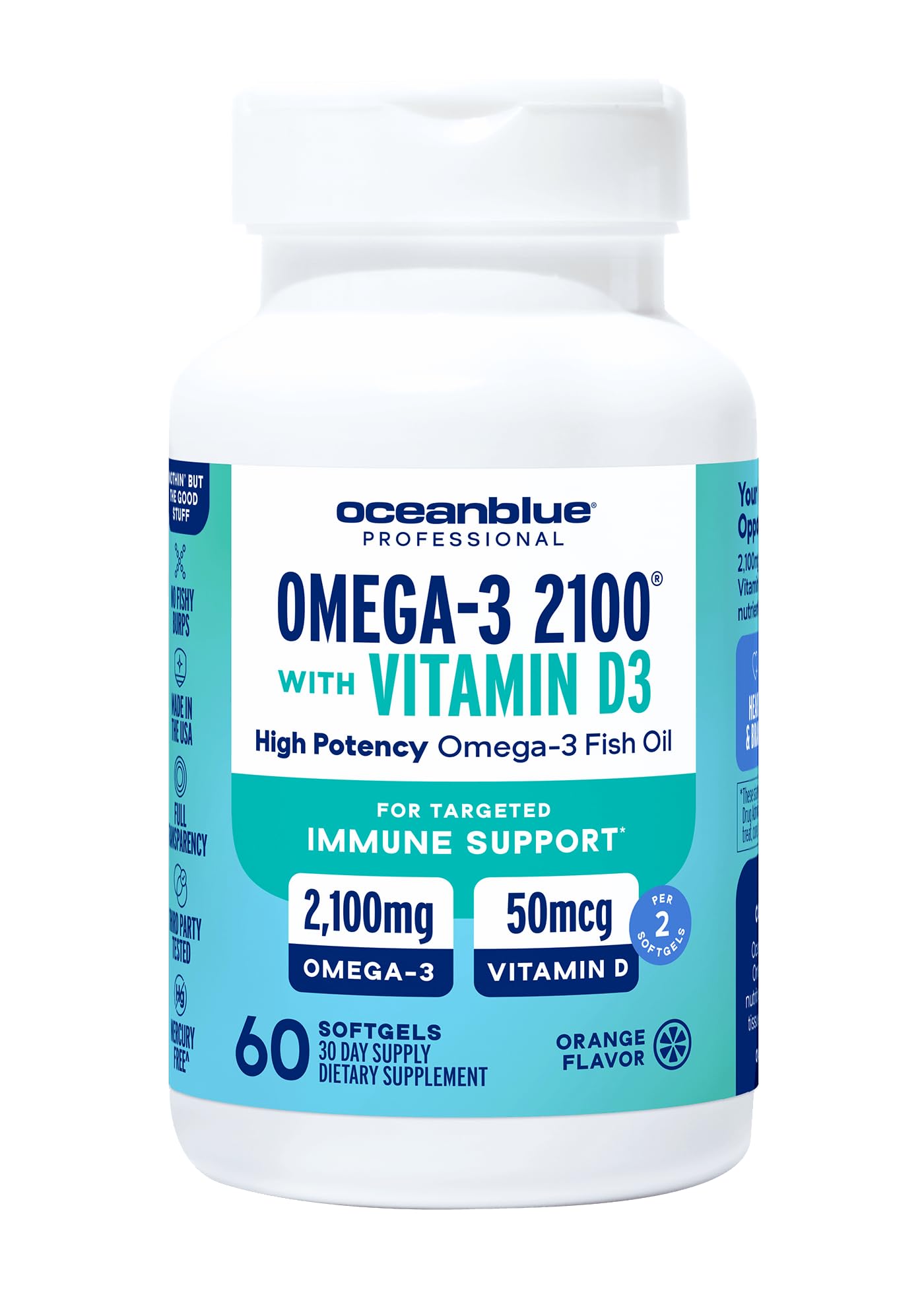 Oceanblue Omega-3 2100 with Vitamin D3 bottle – orange flavor – front view