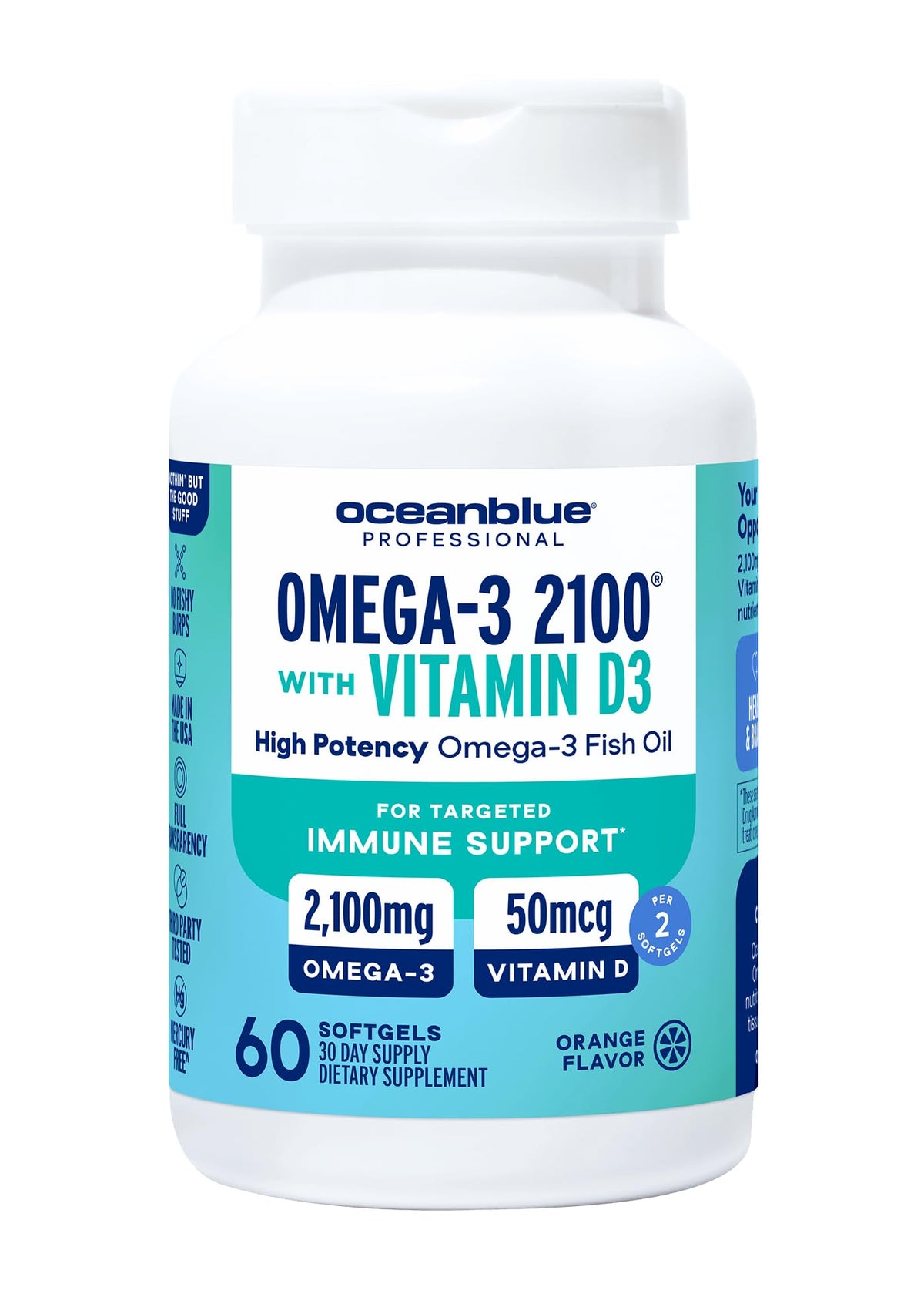 Oceanblue Omega-3 2100 with Vitamin D3 bottle – orange flavor – front view