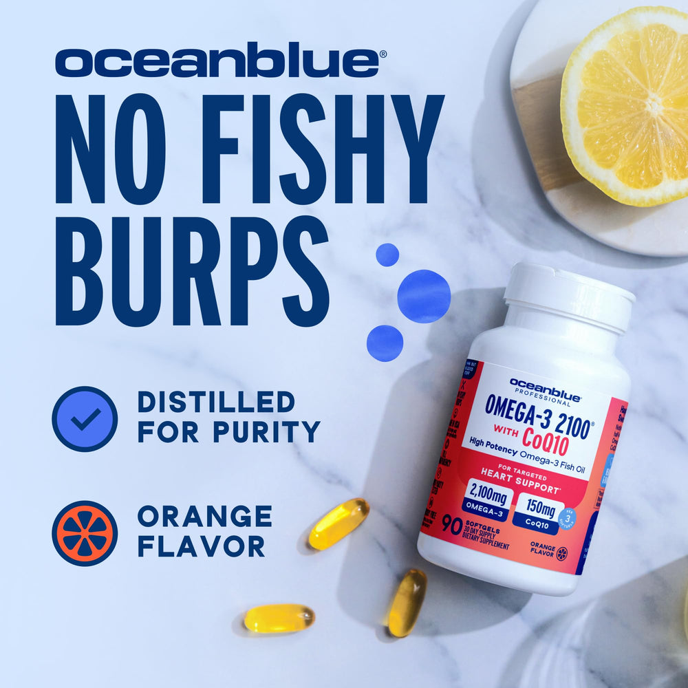 Oceanblue Omega-3 2100 CoQ10 label close-up displaying 150 mg CoQ10 per serving