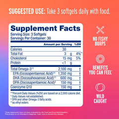 Oceanblue Omega-3 2100 orange-flavor bottle emphasizing tasty, burp-free fish oil experience