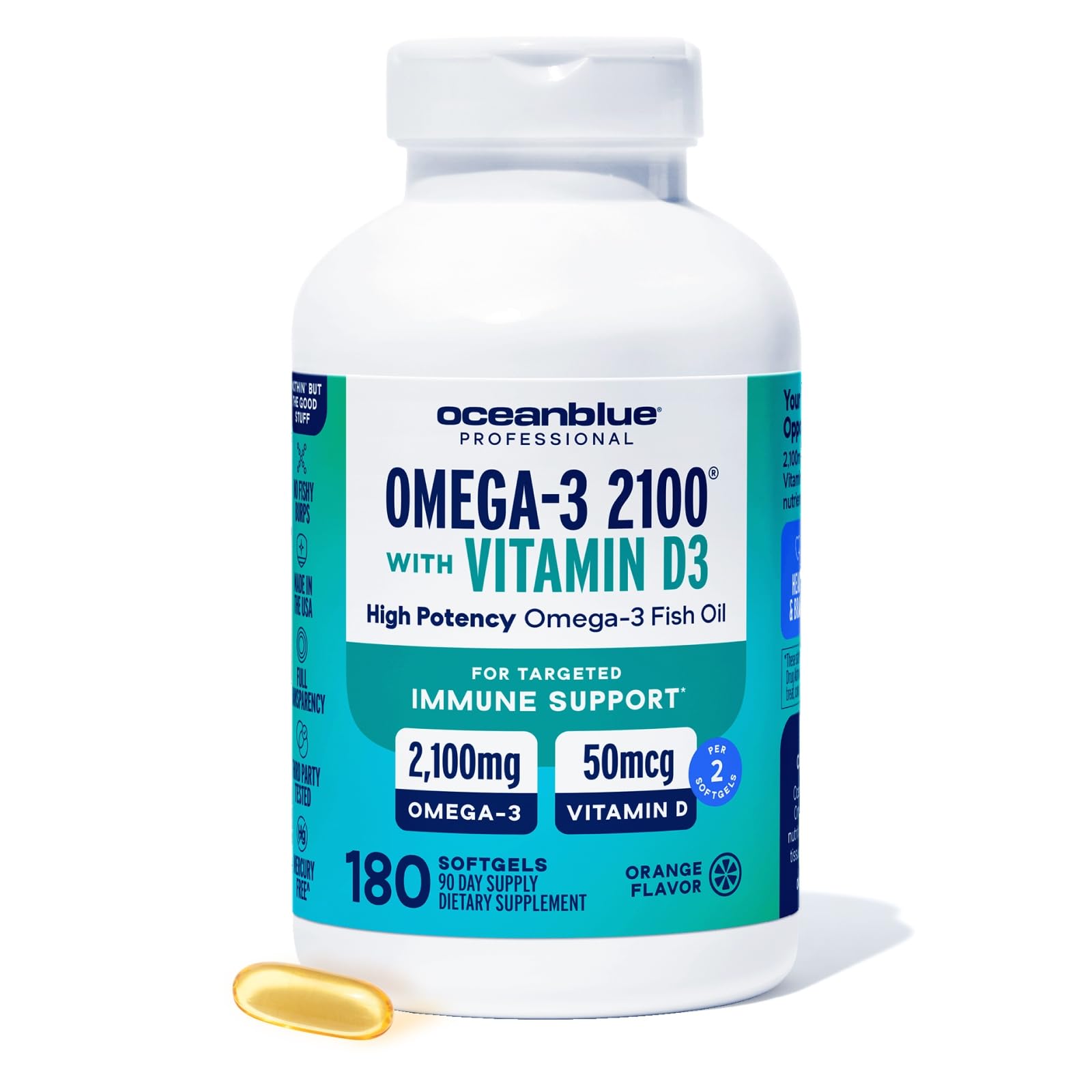 OceanBlue Omega-3 2100mg with Vitamin D3 orange burpless softgels – front view