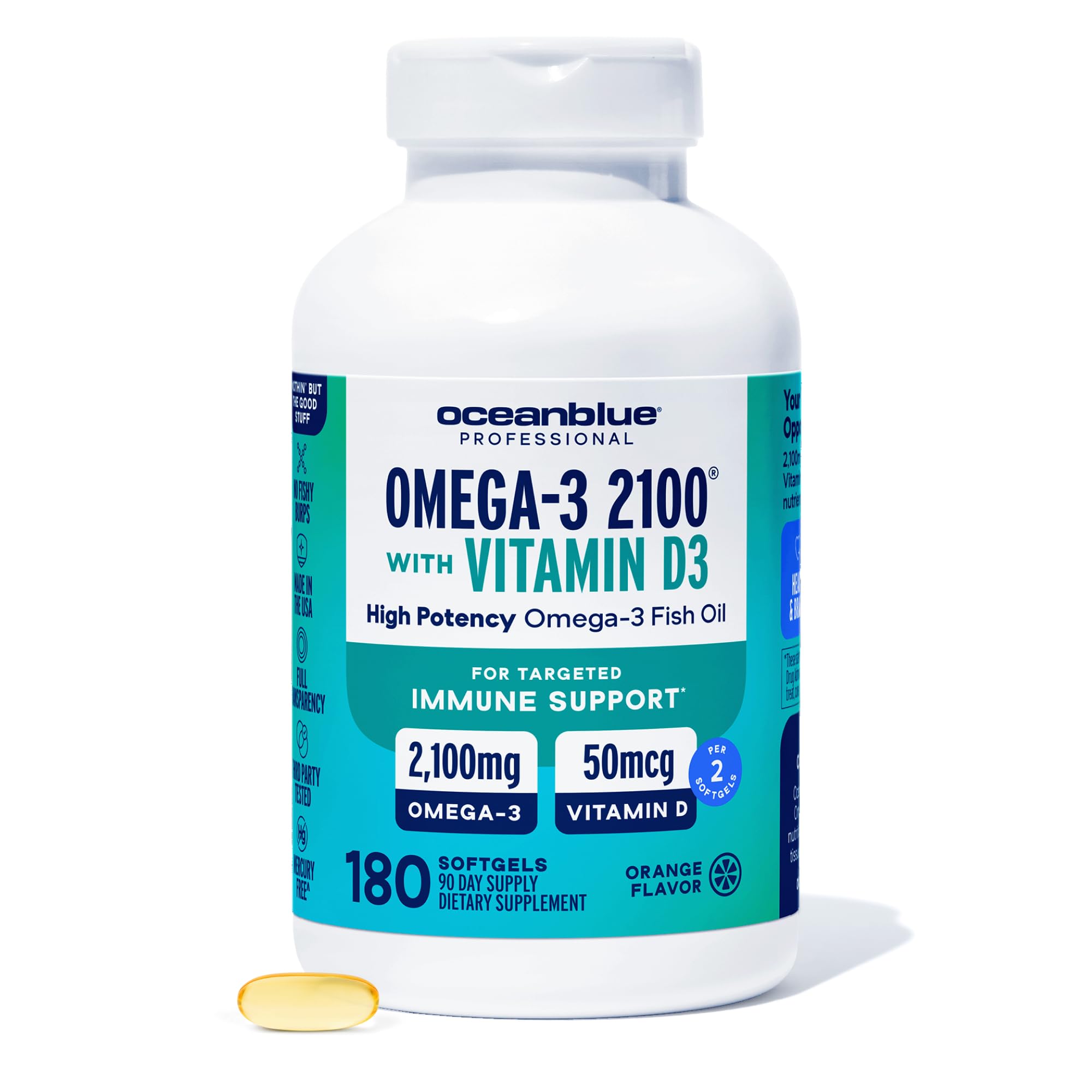 Oceanblue Professional Fish Oil orange bottle shows burpless softgels for daily use