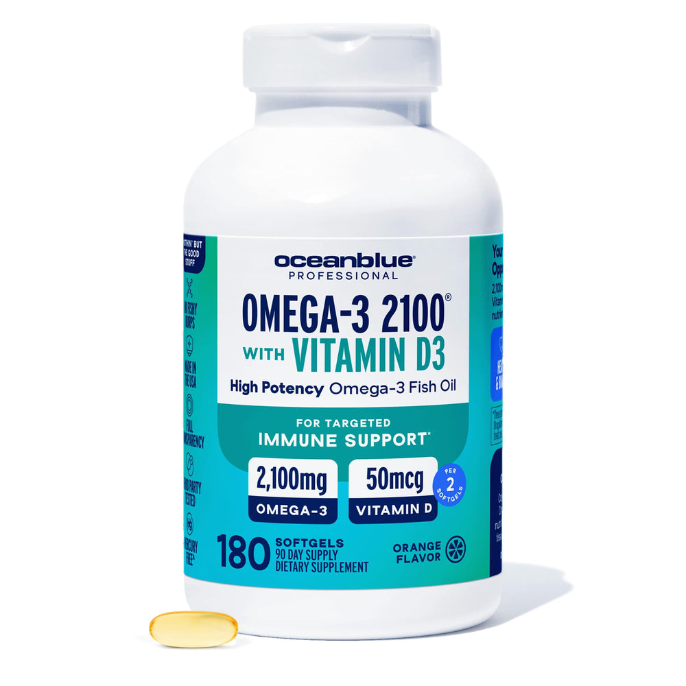 Oceanblue Professional Fish Oil orange bottle shows burpless softgels for daily use