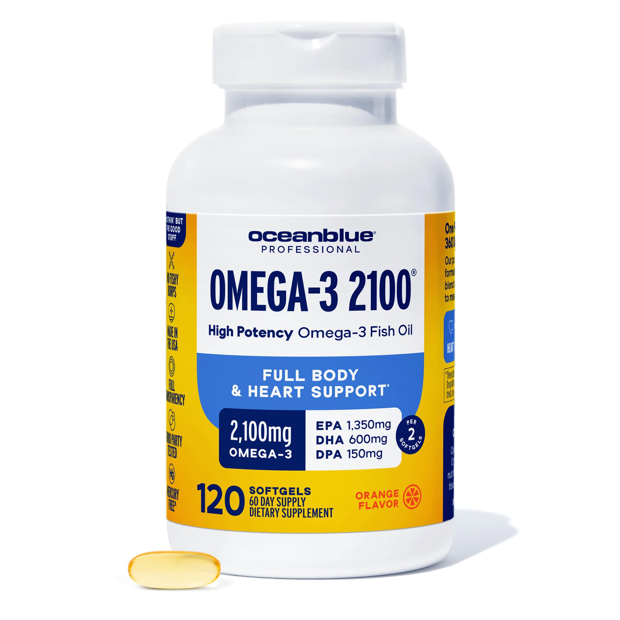 Oceanblue Professional Omega-3 2100 bottle with burpless capsules for daily wellness