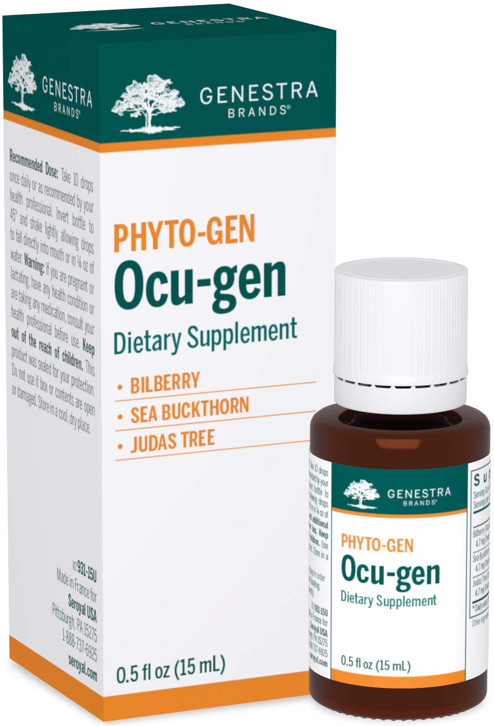 Genestra Ocu-gen bottle and packaging featuring Bilberry, Sea Buckthorn and Judas Tree, 0.5 fl oz