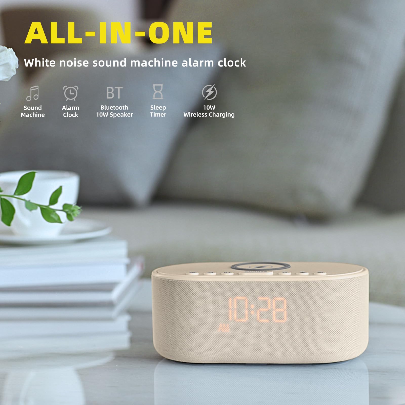 Odokee sound machine alarm clock putty showing wireless charging keeps bedside clutter minimal