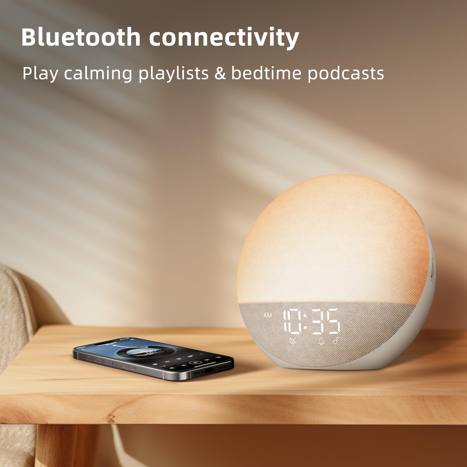 Odokee Sunrise Alarm Clock night light with 12 color options creates ambient mood.